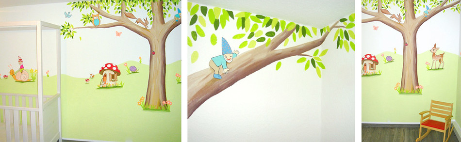 Sweetwall: Babyzimmer Wandmalerei "Zwergenreich". Wandmalerei für das Kinderzimmer, die KiTa, den Kindergarten oder die Kinderarztpraxis.